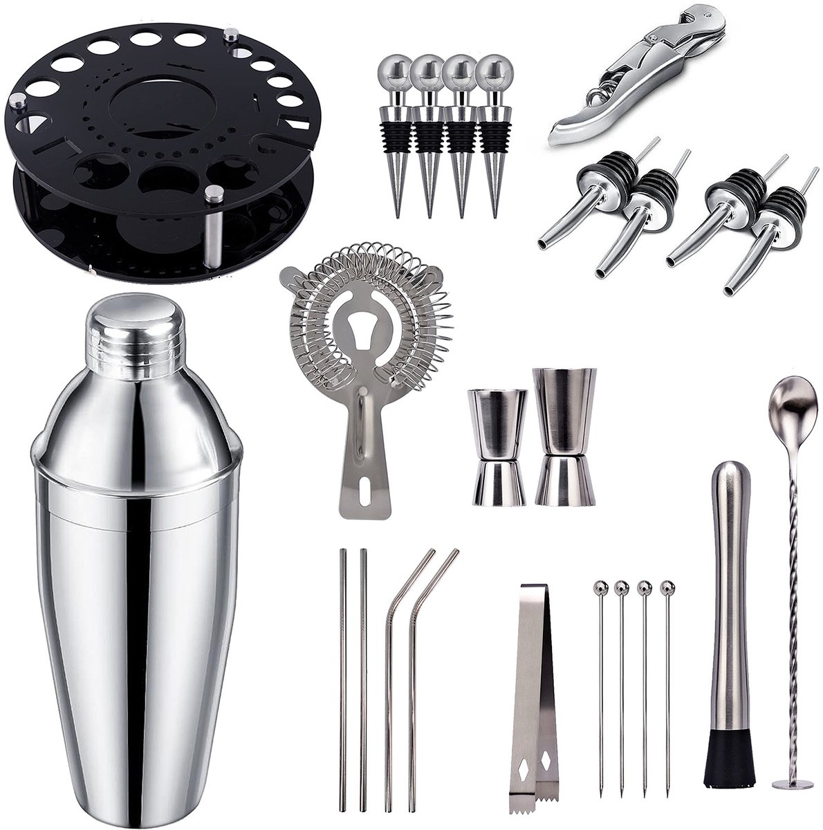 Premium cocktailshakerset - 30-delige set - 750 ml shakers - met 360° draaibare acryl voet - roestvrij staal