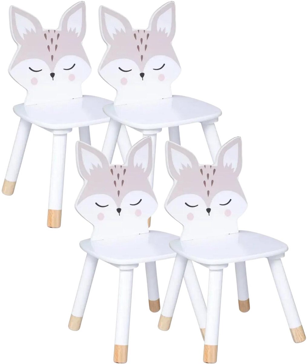 Kinder stoeltje Foxy de vos - 4x - wit - hout - D28 x H52 cm - bijzet stoeltjes