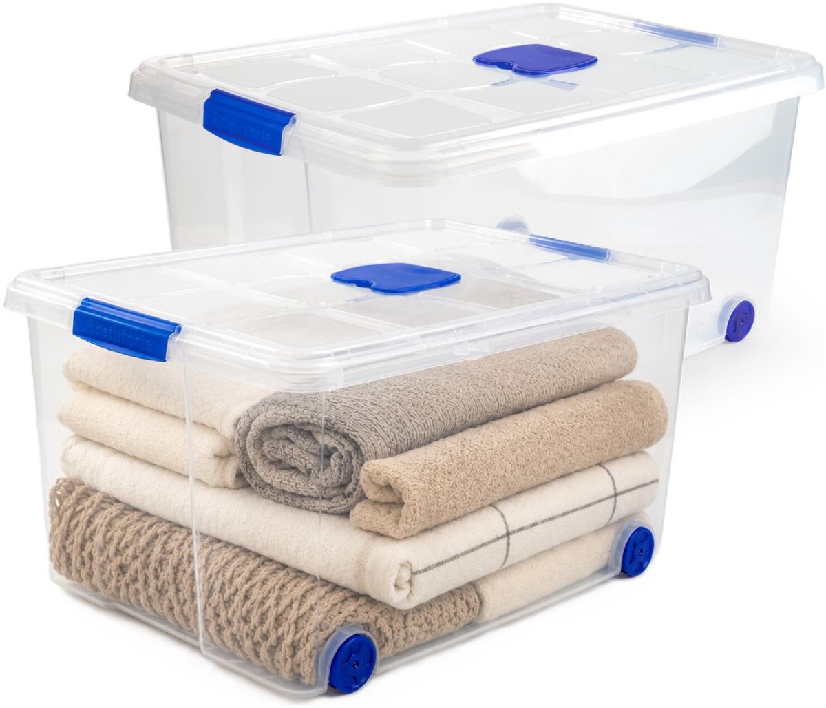Plasticforte Opslagbox - 2x stuks - met deksel - 57L - 62 x 45 x 32 cm - transparant - opbergbak - met wielen