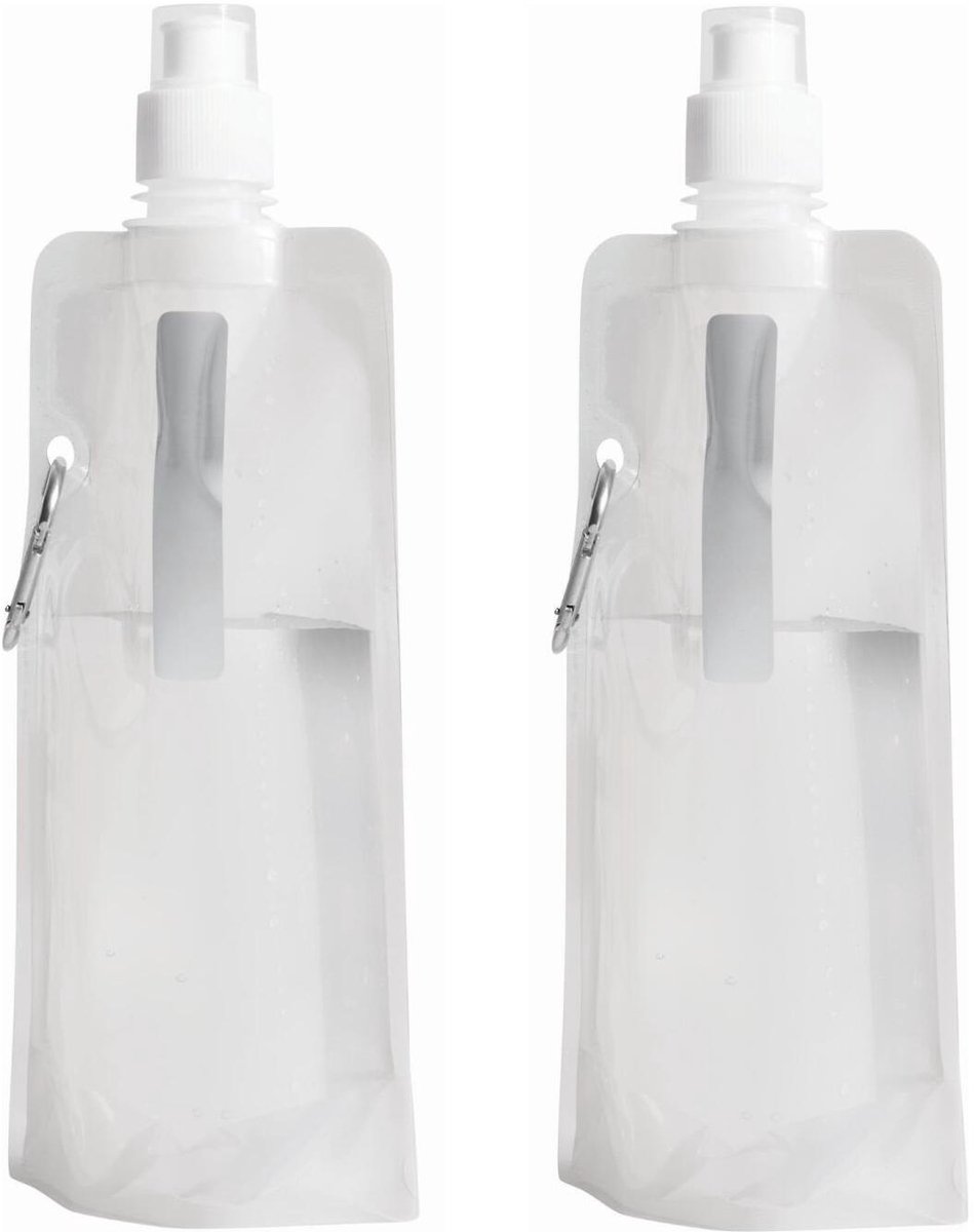 Trendoz Waterfles / drinkfles opvouwbaar - 2x - wit - kunststof - 400 ml - schroefdop - ophanghaak - sport - op reis - ruimtebesparend