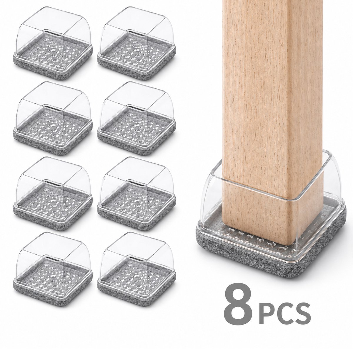 Vierkante Meubelpootdoppen – Stoelpootdoppen – TPE + Vilt – Anti-Kras & Geluidsdempend – Voor Stoelen, Tafels & Meubels – Thuis & Kantoor – Transparant/Grijs – 35-45 × 35-45 mm – 8 Stuks