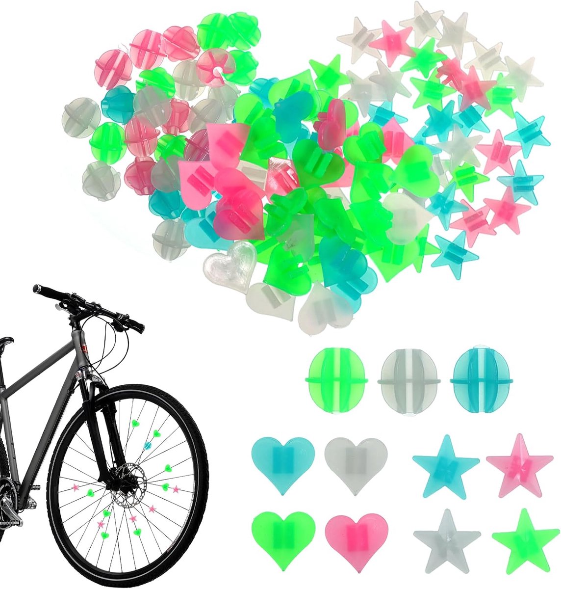 Fietsspaakkralen – Decoratie voor kinderfietsen – Reflecterende spaakclips – Geschikt voor kinderfietsen –Lichtgevende versie - Ca.300 stuks – Gemengd assortiment van drie stijlen