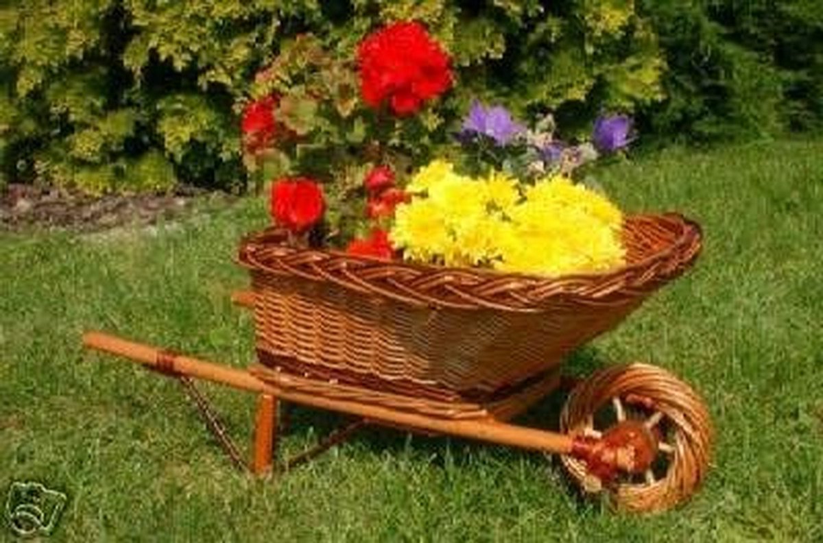Rieten Kruiwagen - Decoratieve mand - Opbergen Decoratie - Handgemaakt Rustiek - 65 cm Lengte - Natuurlijk