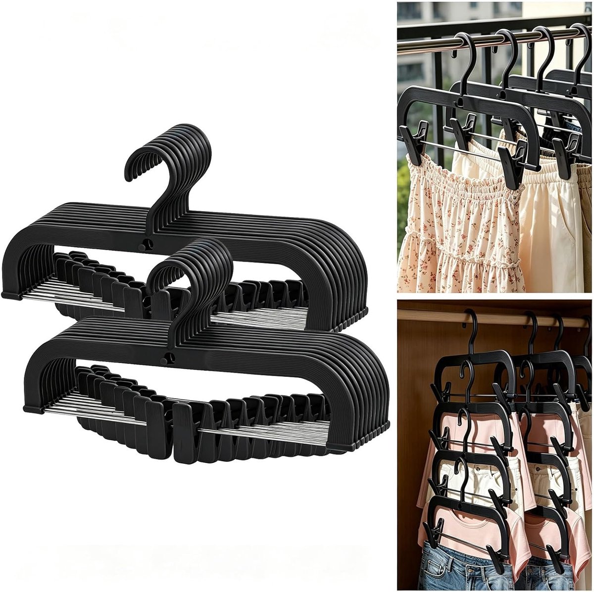 SnelShoppen - Ruimtebesparende broekhangers 35 cm - 20 stuks kunststof kleerhangers met verstelbare tangen - Stapelbare broekhangers voor broeken, sho