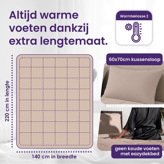 Dimensieschema van een taupe dekbed 140x220cm en een kussen 60x70cm. 'Altijd warme voeten dankzij extra lengtemaat'.