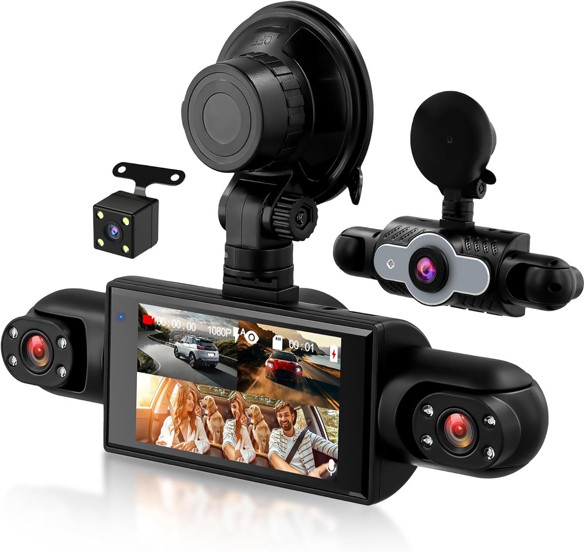 SnelShoppen - 360° 4-kanaals dashcam met 3 inch IPS-scherm, 1080p camerasensor, AVI videoformaat, voor alle voertuigen, meertalig OSD