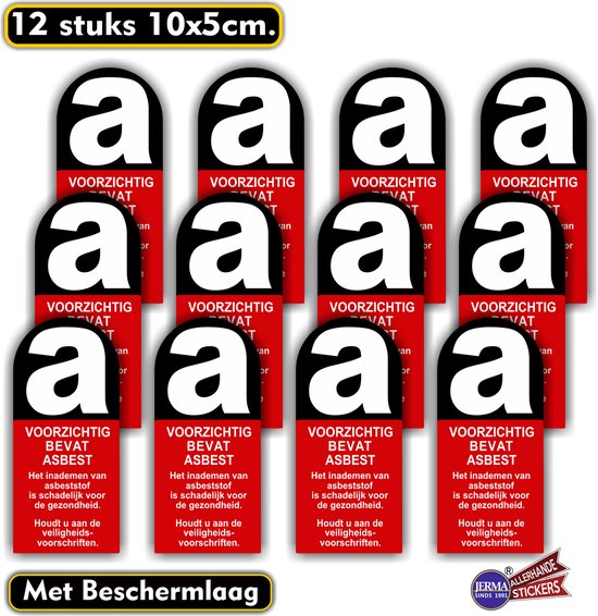 Douze autocollants amiante avec le texte 'Attention contient de l'amiante'. Sur fond blanc.
