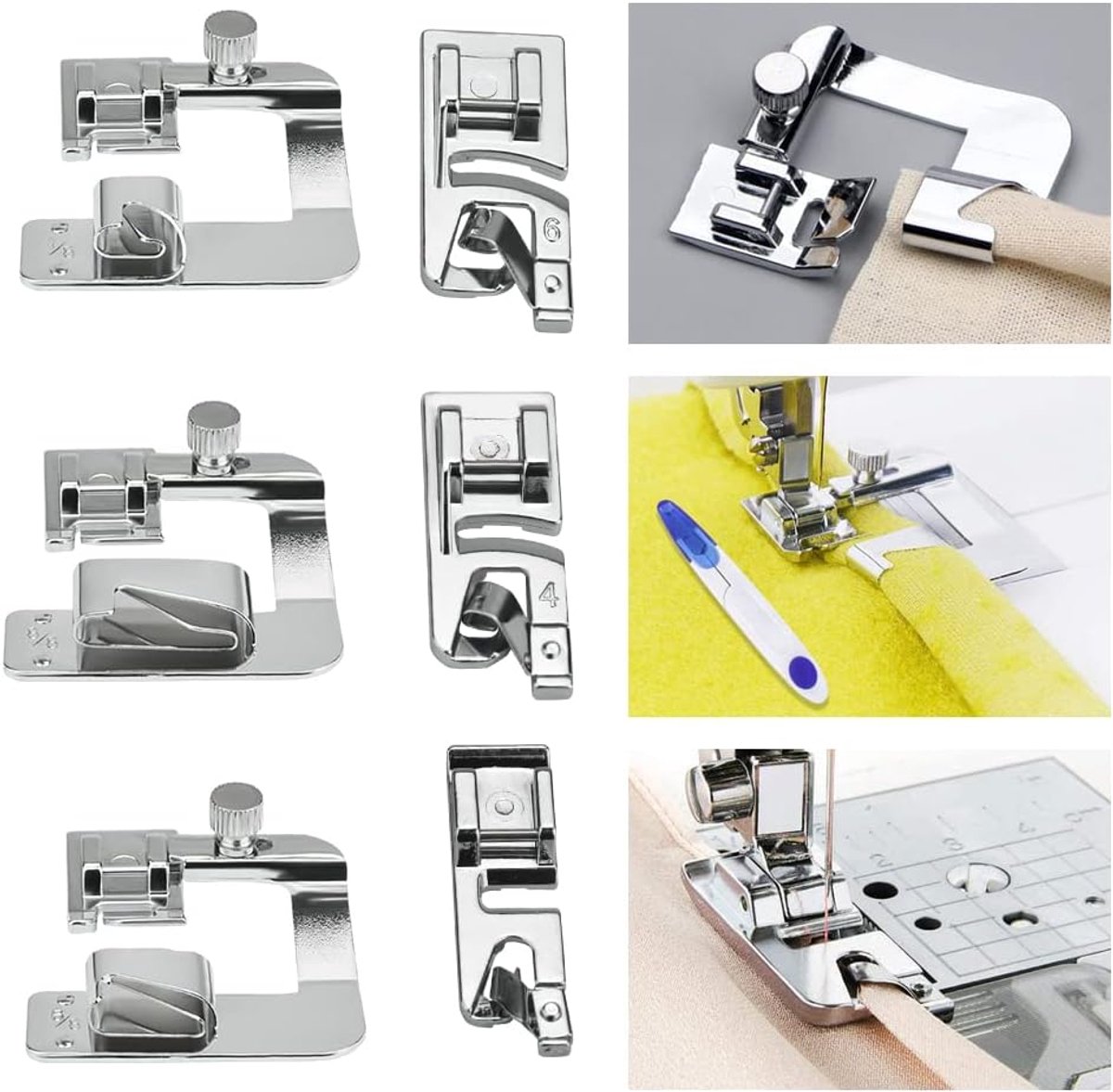 SnelShoppen - 3 Stuks Opgerolde Zoomvoet 4/8, 6/8 & 8/8 Inch voor Naaimachines - Geschikt voor Smalle Rand 3 mm, 4 mm, 6 mm - Perfecte Zomen voor Kled
