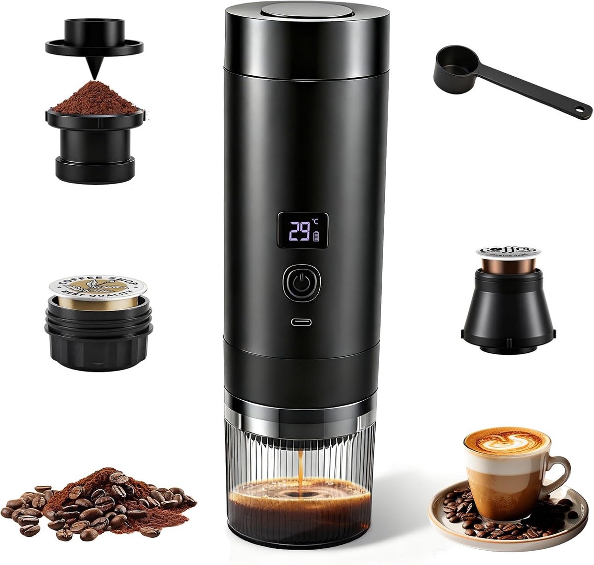SnelShoppen - Draagbare Espressomachine Klein 20 Bar, 3-in-1 Mini Koffiemachine voor Cups & Maling, Accu 7800mAh USB-C, Mobiele Koffiemachine voor Cam