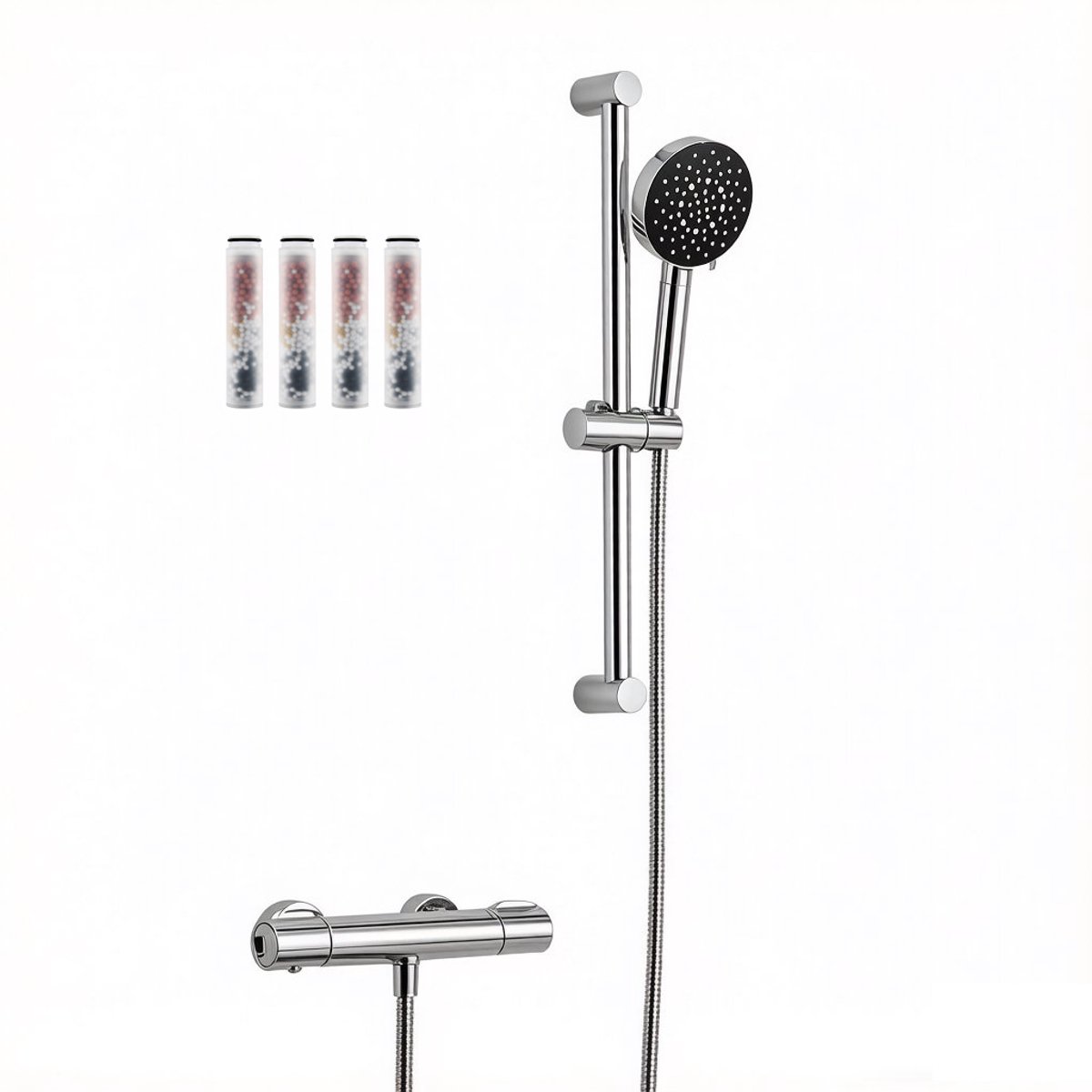 Auralum Max Doucheset - Thermostatische Douchekraan - met 70 cm Glijstangset - Hogedruk Douchekop - 6 Standen Handdouche - met 4 Filters - 1,5m Slang - Waterbesparend - Zwart / Chroom