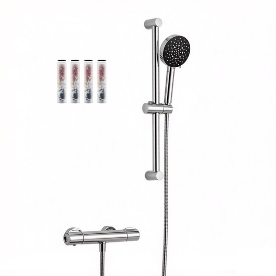 Auralum Max Doucheset - Thermostatische Douchekraan - met 70 cm Glijstangset - Hogedruk Douchekop - 6 Standen Handdouche - met 4 Filters - 1,5m Slang - Waterbesparend - Zwart / Chroom