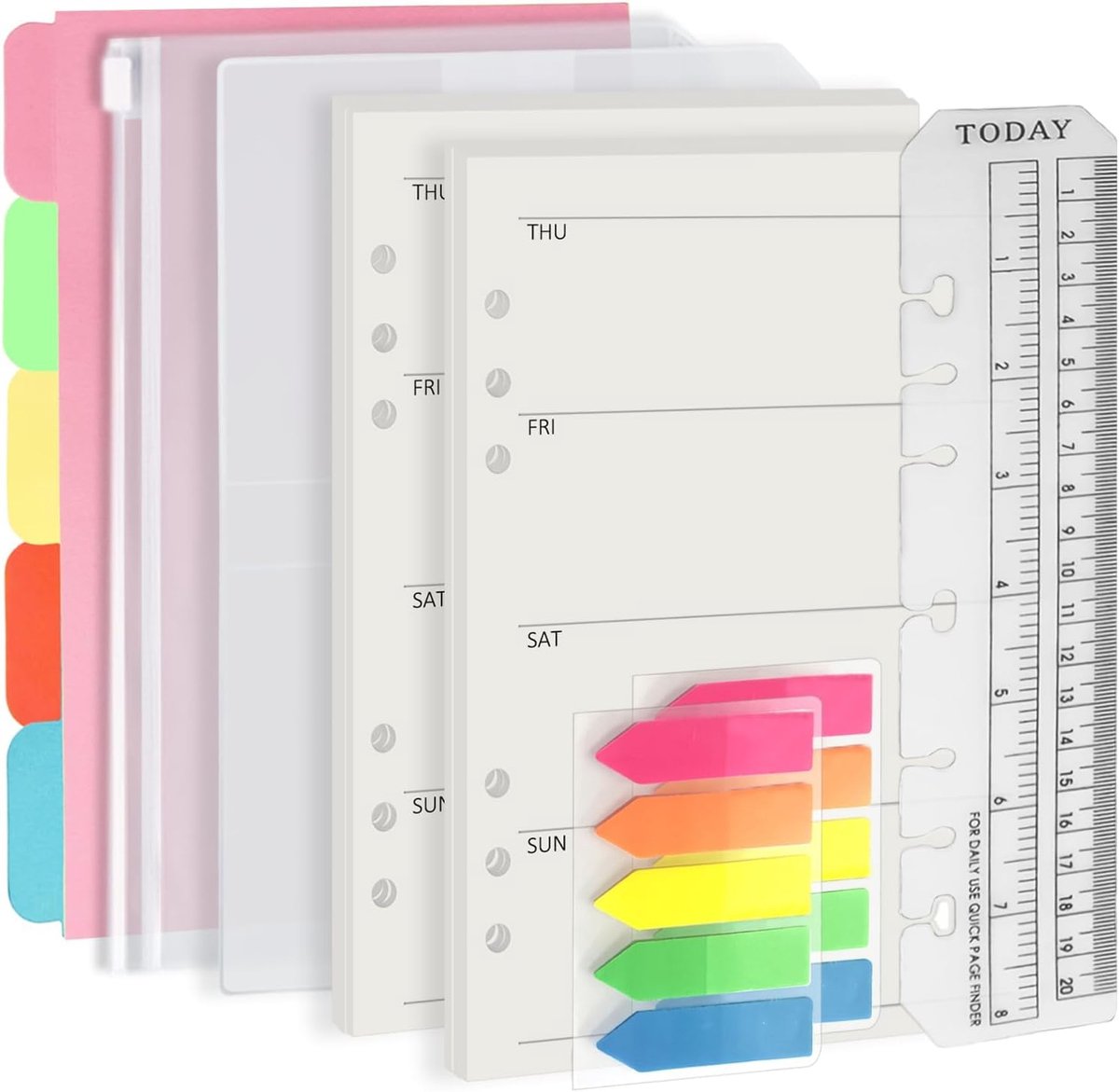 SnelShoppen - Set van 90 A5 papiervellen met 6 gaten, planner-inlegbladen, stickers, scheidingsbladen en vakken voor navulbaar notitieboek - Perfect v