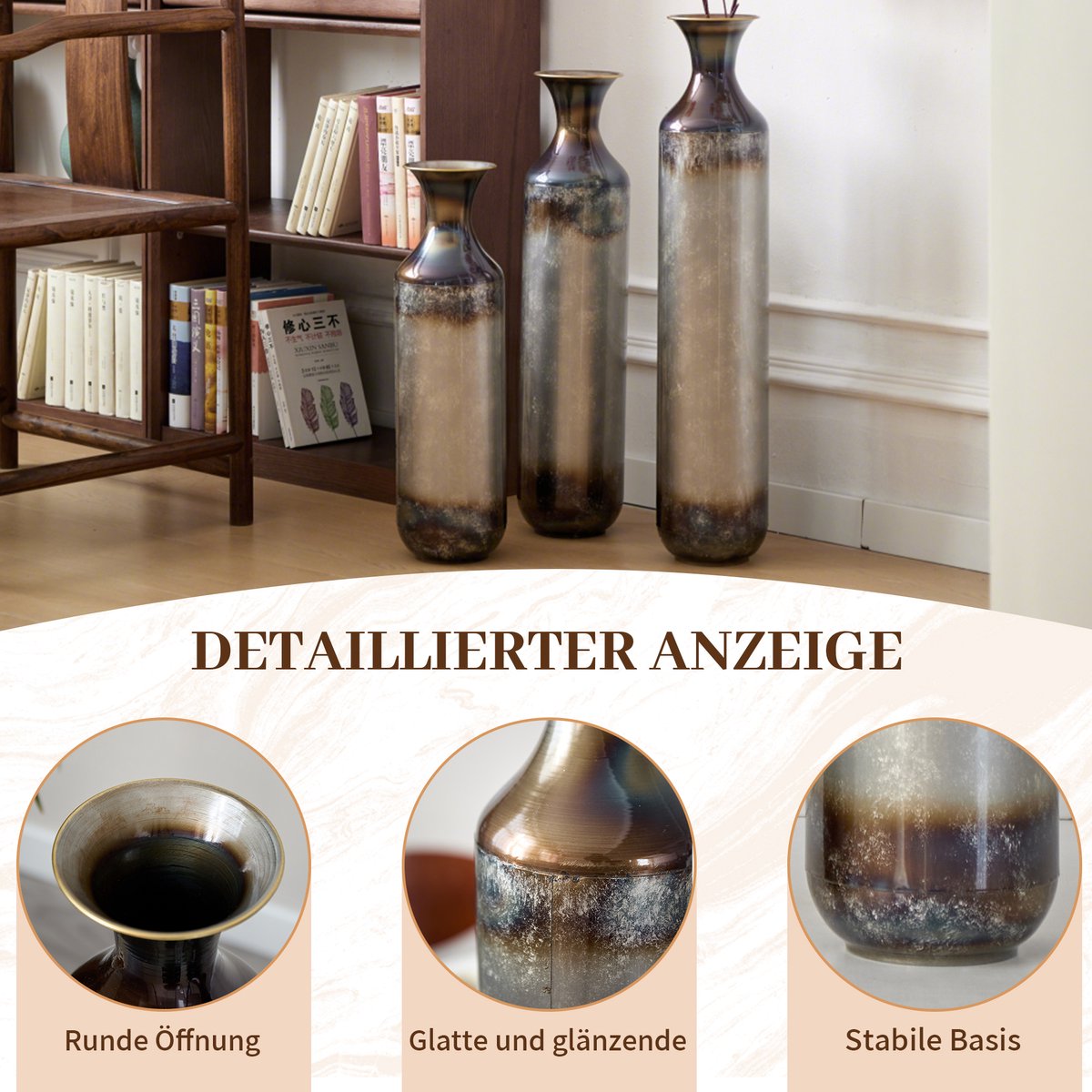 MIVRAY Vaas – 3-Delige Handgemaakte Vintage-Optiek – 51,8 62 72 cm – Massief Metaal – Goud Wit – Voor Droogbloemen en Hal