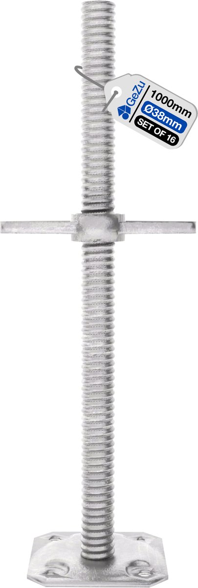 GeZu Impex Steiger spindel Thermisch verzinkt Set van 16 1000 x 38 mm verstelbare voetspindel steigertoren voetplaten