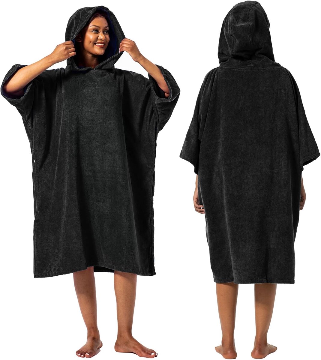 SnelShoppen - Winthome Poncho Dames, Absorberende Badjas, Warme Surfponcho, Ideaal voor Strand, Zwemmen, Sauna, Thuis, Maat M, Zwart