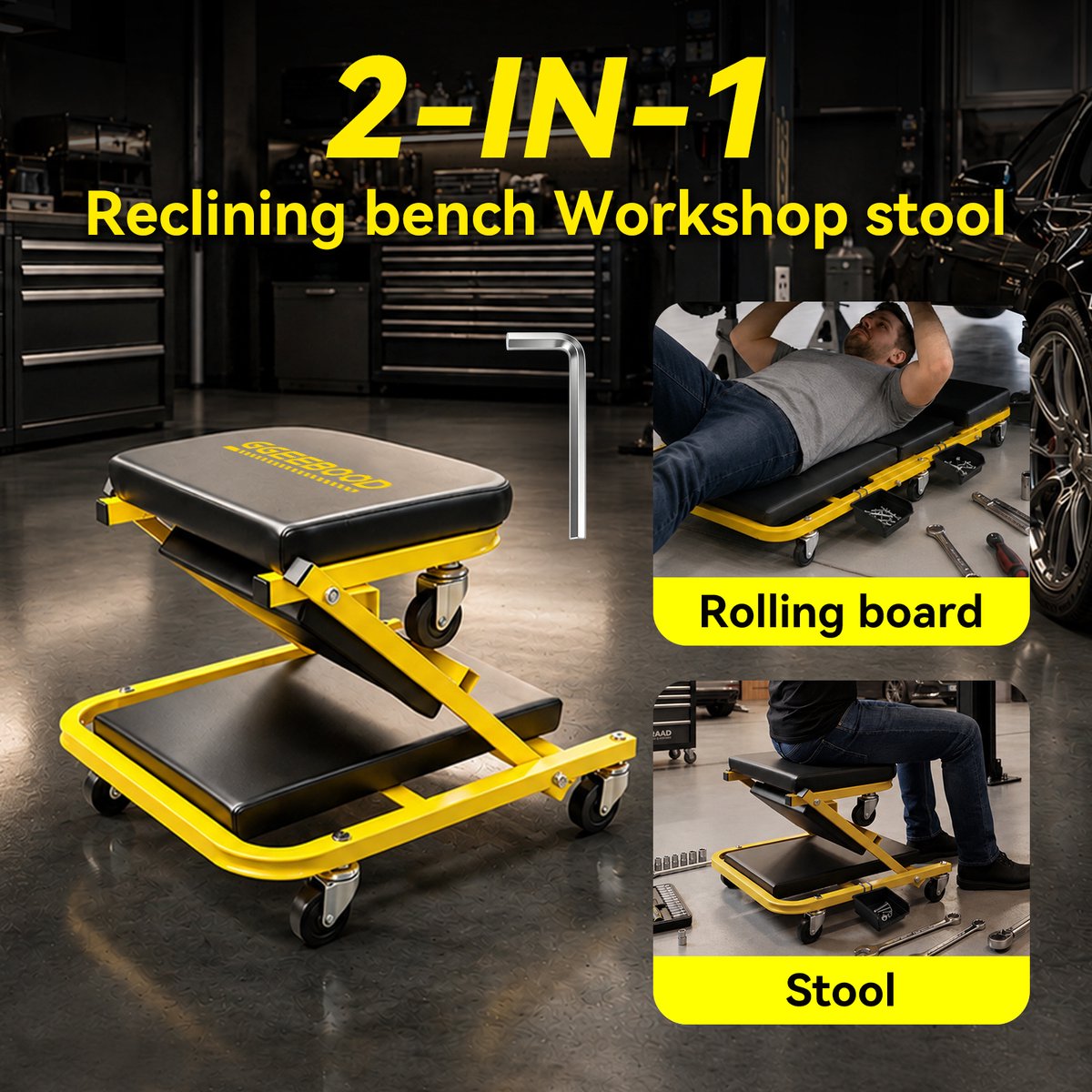 Monteurskruk / Opvouwbare Garagekruk / Rolling Creeper – 36" 2-in-1 Z-Frame Kruk met 6 Zwenkwielen – 150kg Draagvermogen – Verstelbare Zit-/Ligstand – Voor Auto Reparatie, Onderhoud & Werkplaats – Incl. Gepolsterde Zitting & Stalen Frame