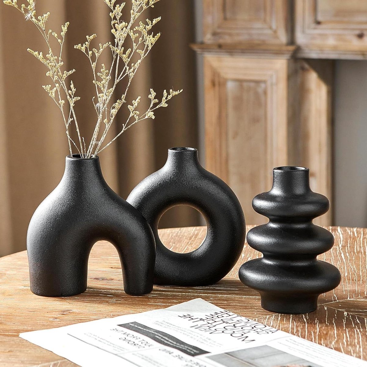Vaas keramiek set - Decoratie vazen - Bloemen presenteren - Handgemaakt uniek design - Set van 3 - Mat zwart
