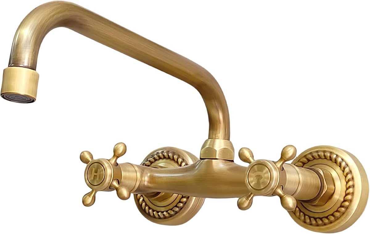 SnelShoppen - Antieke Messing Keuken Mengkraan Wandgemonteerd, Vintage Bronzen Mengkraan voor Badkamer en Keuken, Nostalgische 360° Draaibare Koper Me
