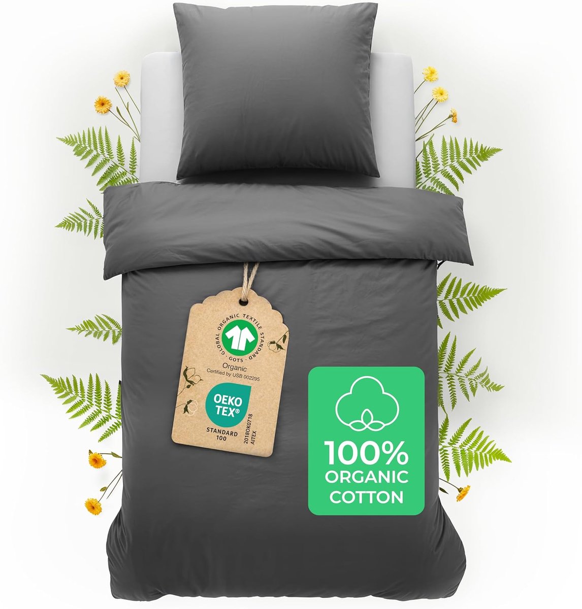 SnelShoppen - Dekbedovertrek 140x200 cm + 1 Kussensloop 65x65 cm - Organic Cotton - Percale 180 TC - Ademend en Zacht - Oeko-Tex & GOTS - Donkergrijs