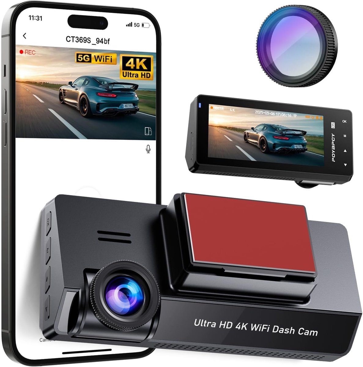 SnelShoppen - Dash Cam 4K Auto Camera met CPL Filter, 5G WiFi, 3.69 Inch IPS Scherm, 64GB SD Kaart, Nachtzicht, 24-Uur Parkeerstand, Type C, WDR, Onde