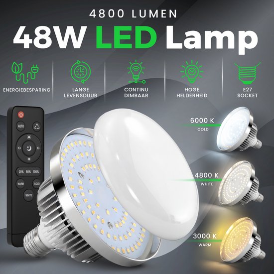 48W LED lamp met 4800 Lumen, 6000K, 4800K, 3000K en afstandsbediening.