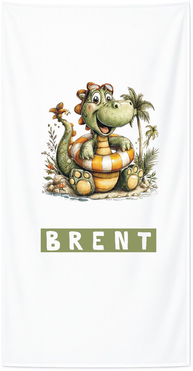 Strandlaken met naam kind 70x140 cm - Badhanddoek badstof - Gepersonaliseerd – Dino in zwemband – Livingstickers - Wit