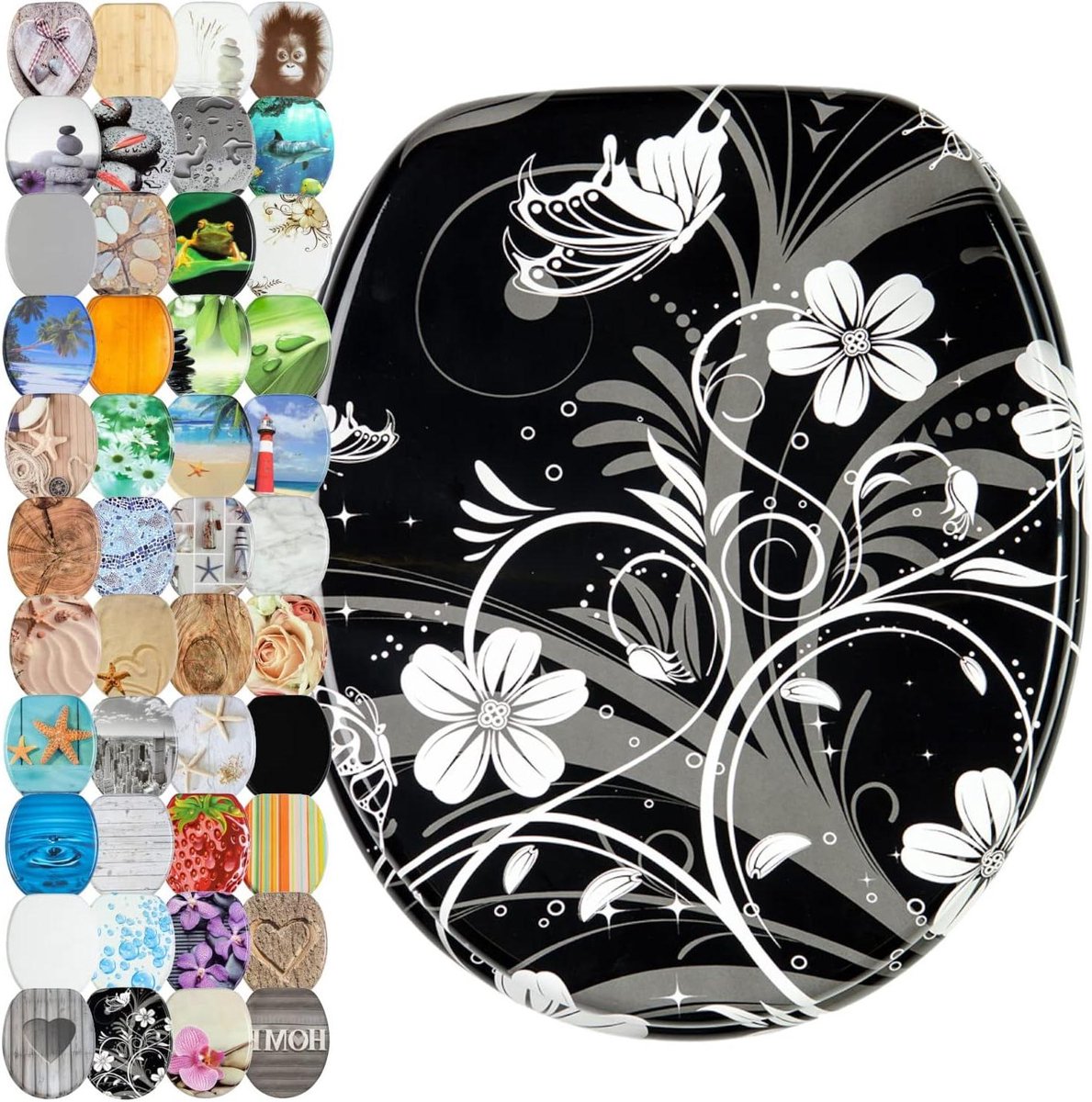 Toiletbril Hout - Toiletdeksel Ovaal - Badkamer Decoratie - Softclose Mechanisme - 47x37.7cm - Witte Bloem