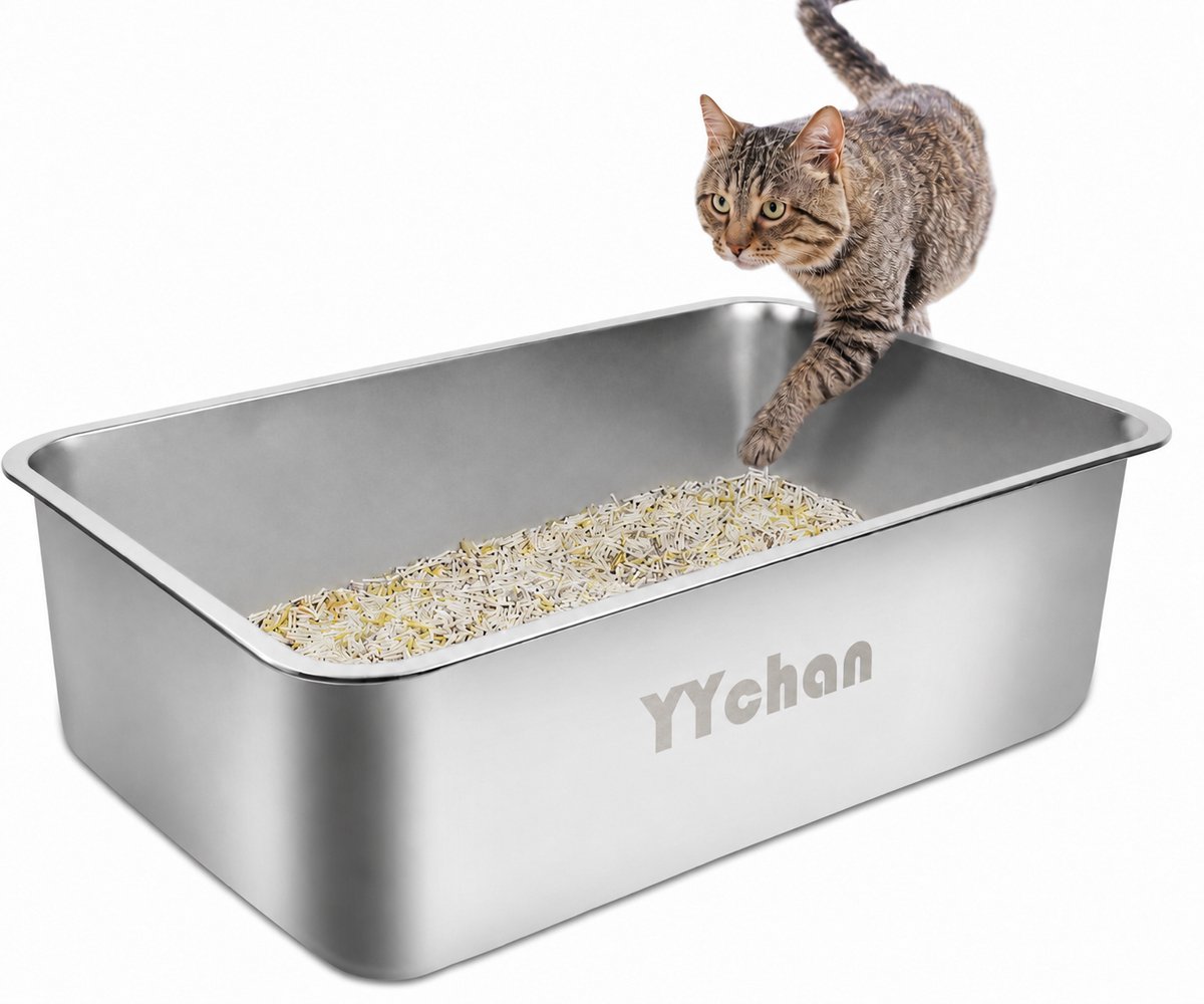 YYCHAN RVS Kattenbak - Groot Open Kattentoilet - L - 45x35x15cm - Inclusief Siliconen Anti-slip - Hygiënisch & Anti-geur - L