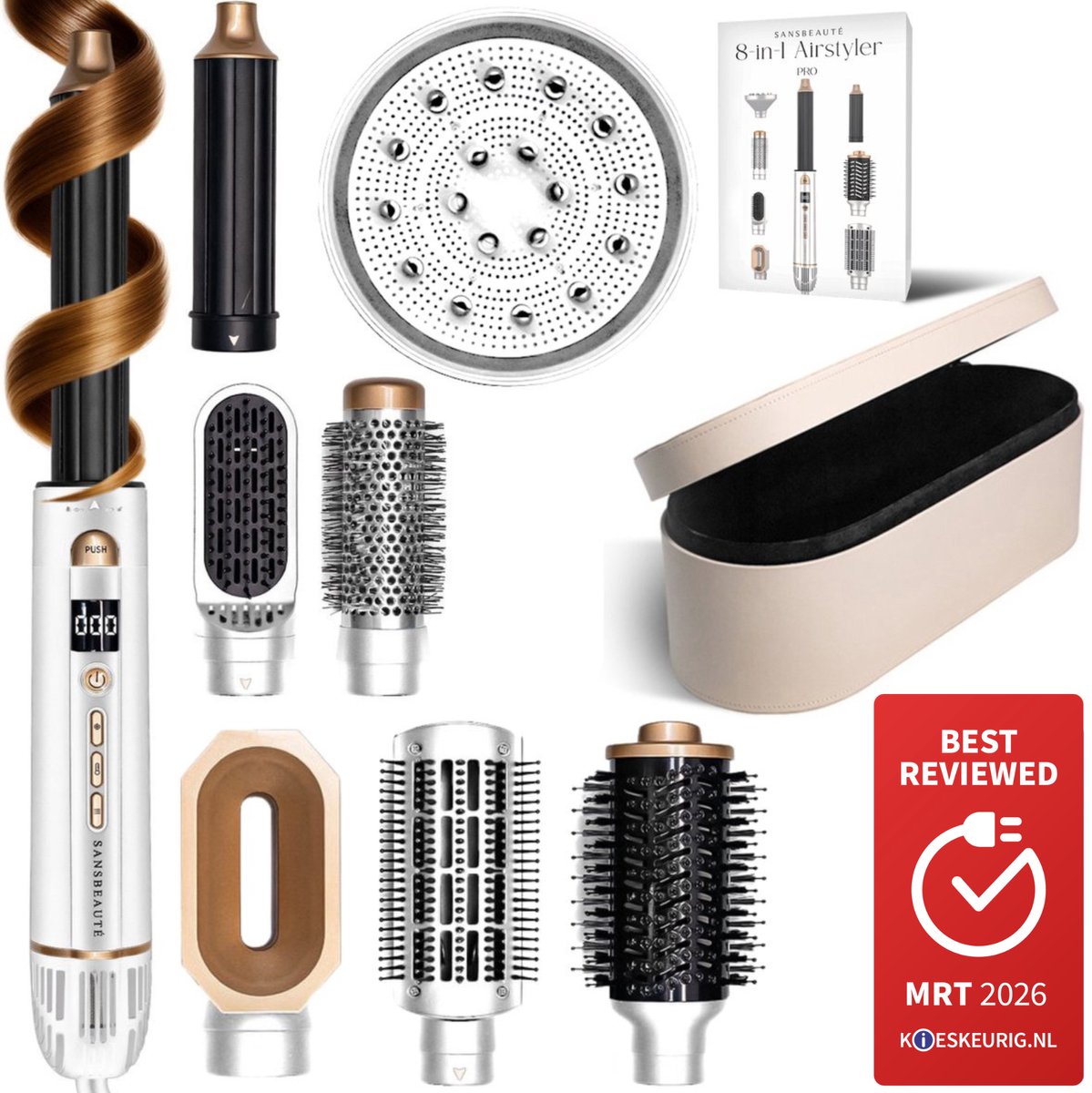 Sansbeauté® 8-in-1 Airstyler met Diffuser en Opbergdoos - Multistyler - Hairwrap - Föhnborstel Kort Haar - Haarkruller - Haarstyler - Haardroger - Warmteborstel - Krulborstel - Krultang - Haarstijler - Stijlborstel - 5 in 1 Hairstyler