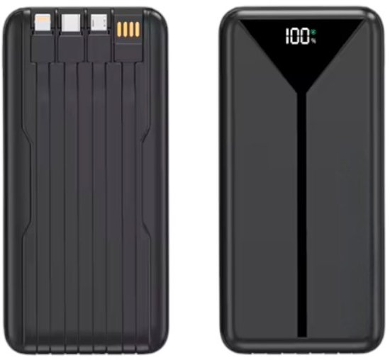 Zwarte powerbank met vier kabels en een andere met 100% LED-display.