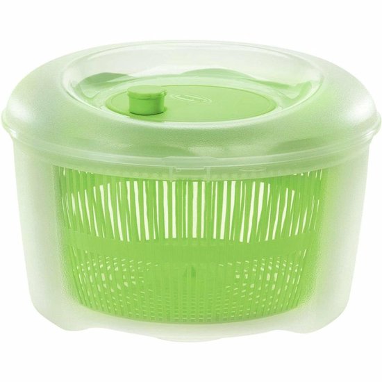 Groene slacentrifuge van Tontarelli met een transparant deksel en een binnenmand van groen plastic.