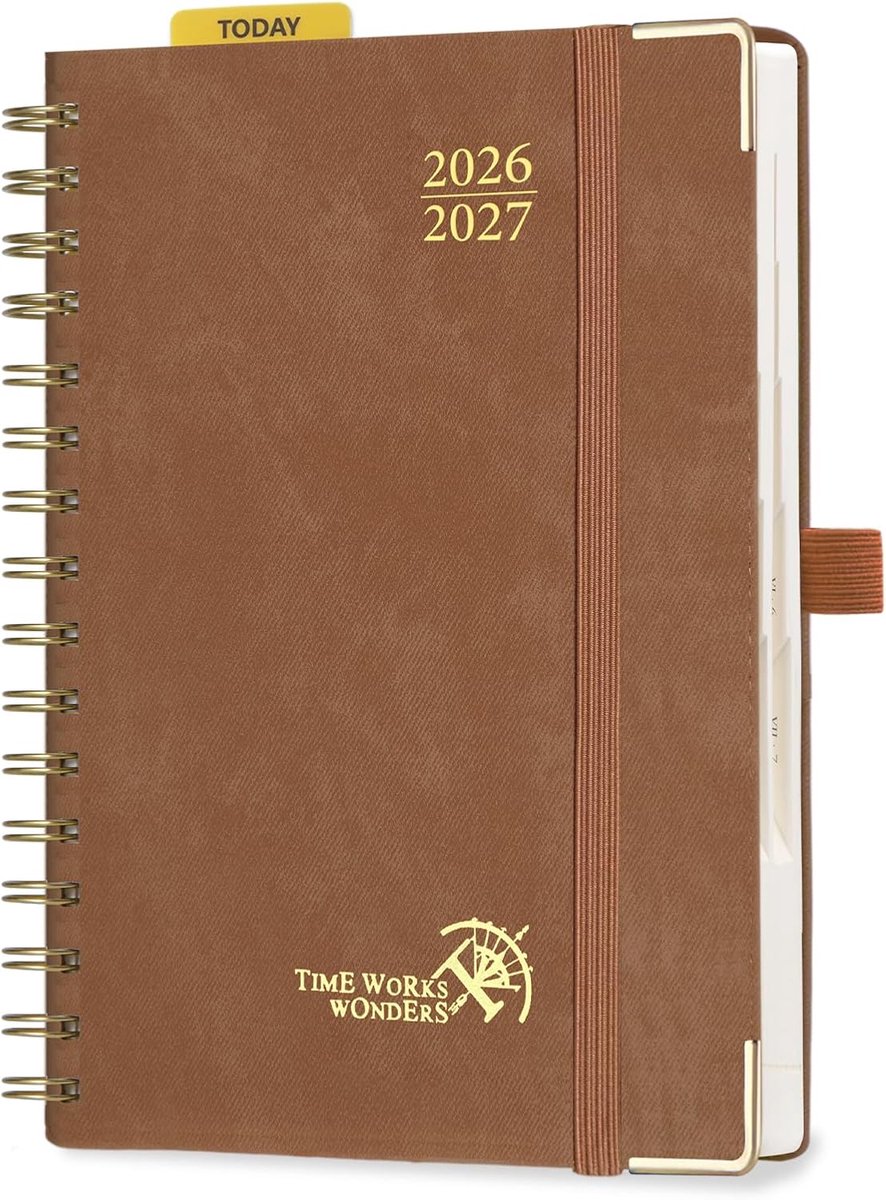 SnelShoppen - Agenda 2026 2027 Daily Planner A5 21.5x14.5 cm, 12 Maanden, 1 Pagina per Dag, Denim PU Leer, Spiral Binding, 80 GSM, Bruin
