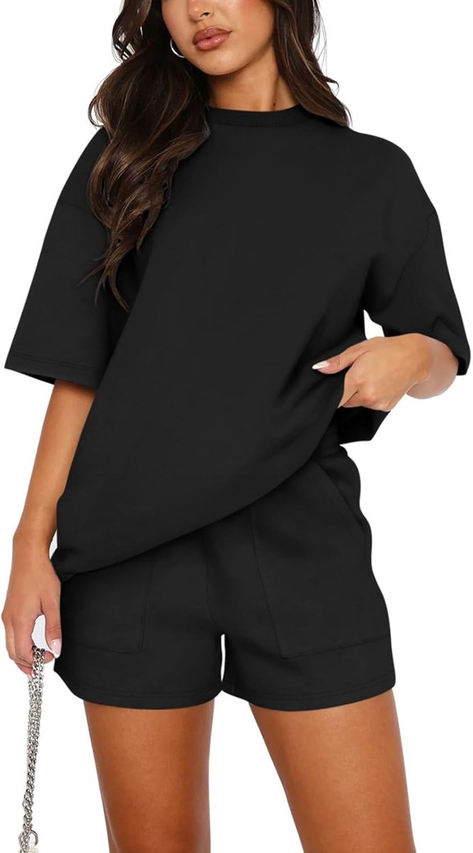 SnelShoppen - Katoen Korte Mouw Trainingspak Set voor Vrouwen - Effen Kleur Shirt en Shorts met Twee Zakken - Comfortabele Tweedelige Outfit voor Spor