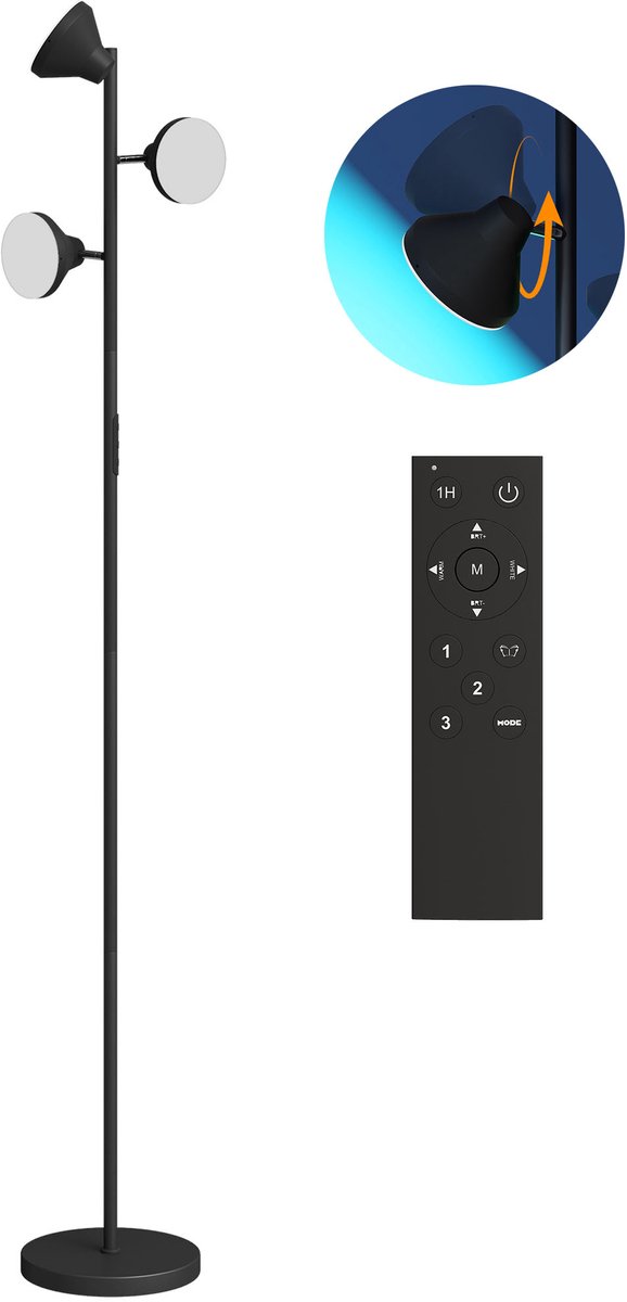 TEKROA® Vloerlamp met 3 Verstelbare Koppen - Staande Lamp met Afstandsbediening & Timer - RGB, Dimbaar -170cm - Zwart