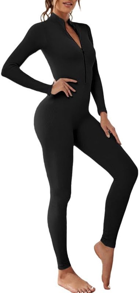 SnelShoppen - Vrouwen Yoga Jumpsuit Sport Romper Lange Mouw Unitard Stretchy Playsuit Geribbelde Gebreide Zip Up Workout Outfit Slim Fit Een Stuk Body