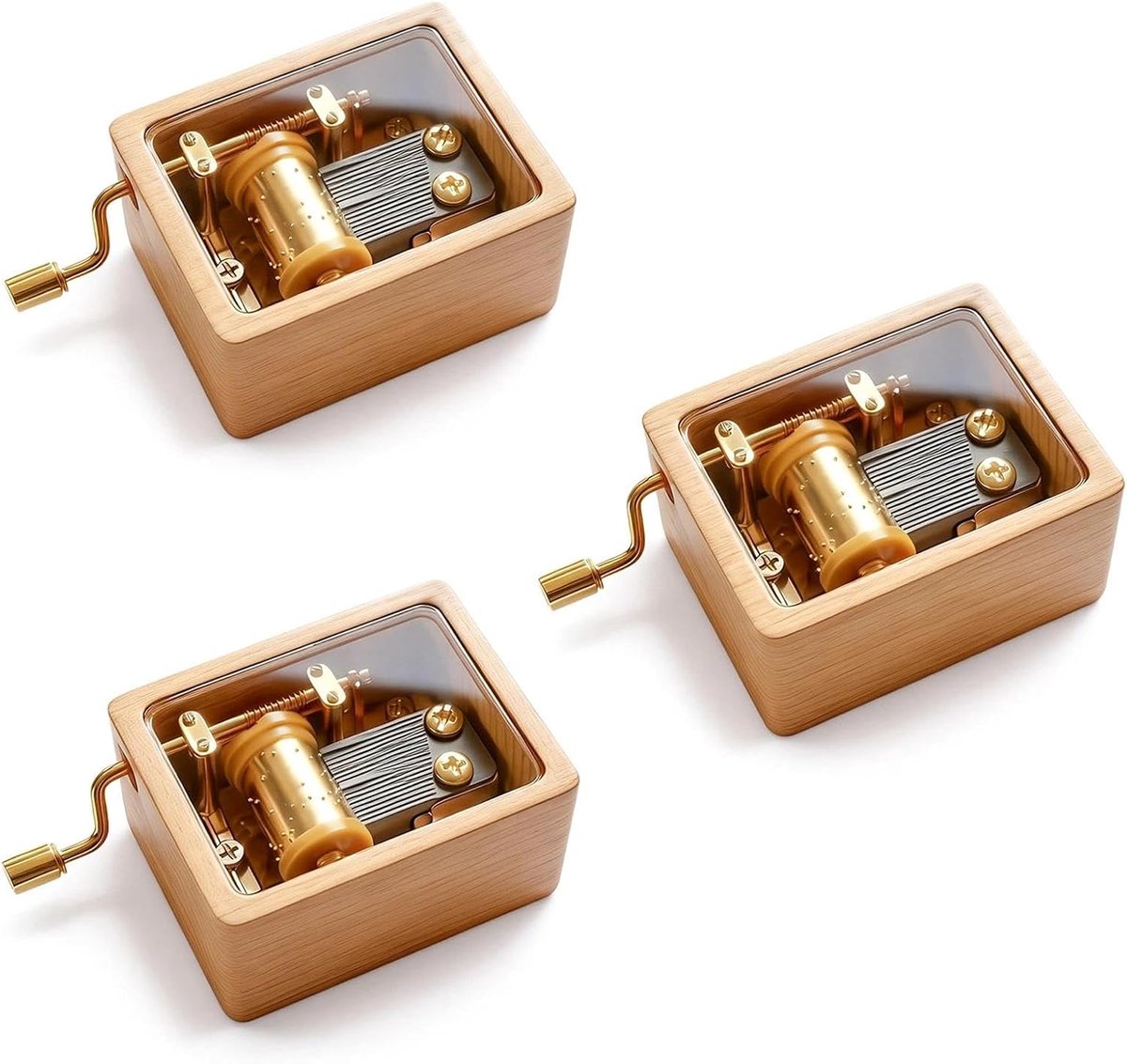 SnelShoppen - 3 Stuks Muziekdoosjes Beukenhout met Acrylvenster en Metalen Speelwerk - Handmatige Slinger - Lichtgeel/Goud - Voor Verjaardag, Bruiloft