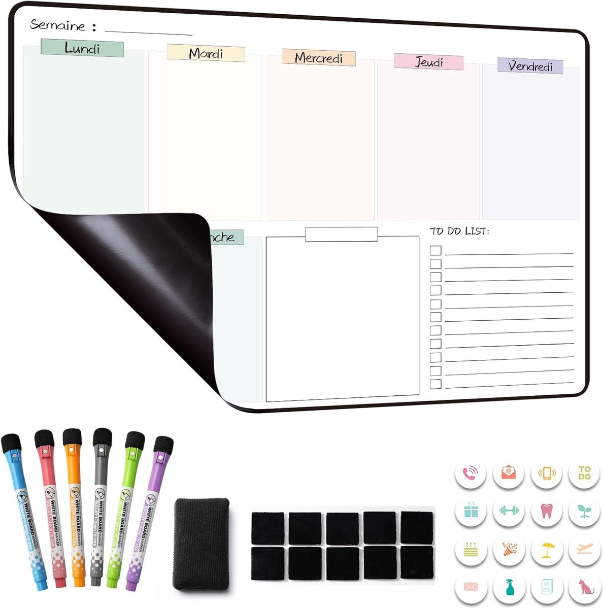 SnelShoppen - Magnetische Kalender Weekplanner 42x28 cm - Uitwisbare Maaltijdplanner en Organizer voor Koelkast - Frans - Ideaal voor Keuken en Gezins