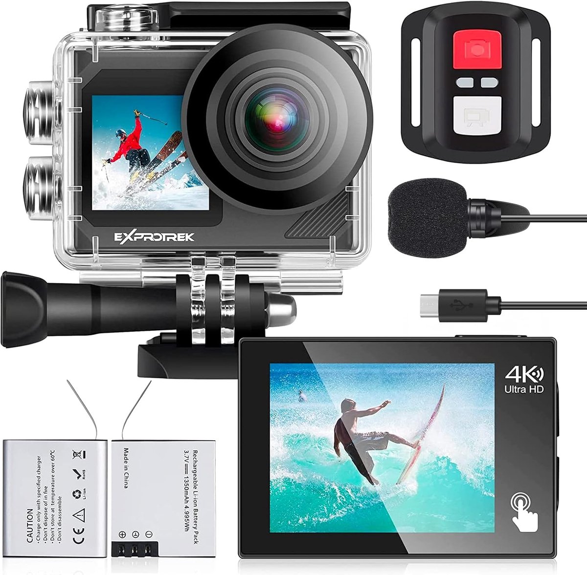 SnelShoppen - E-A-F Action Cam 4K Ultra HD 30fps, 40m Waterdichte Onderwatercamera met Wifi, 170° Ultragroothoek, Afstandsbediening, 2 Accu's en Helma