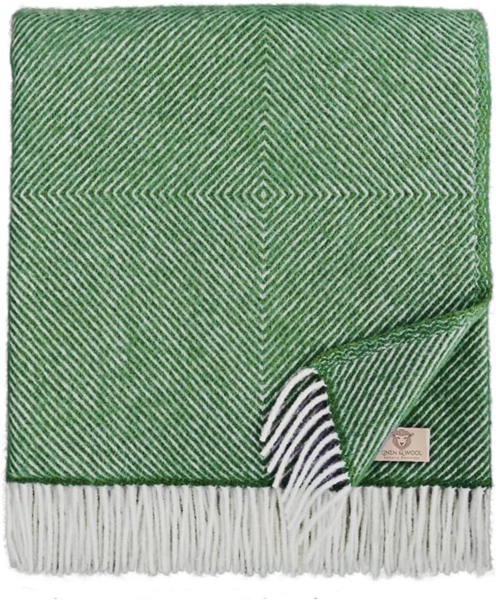 SnelShoppen - Multifunctionele Wollen Deken Groen 140x220 cm - Luxe Bedsprei met Ruitpatroon van 100% Nieuw-Zeelands Wol - Perfect voor Slaapbank, Fau