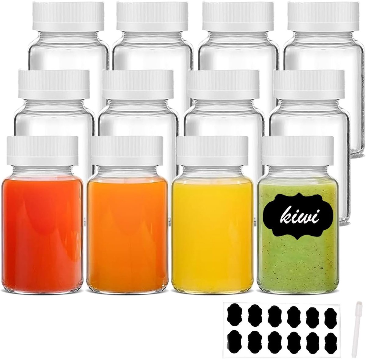 SnelShoppen - 12 stuks Gembershotflessen 60 ml, Mini Shot Glazen Flessen met Deksel, Etiketten en Pen voor Gembershots, Detox Dranken en Sterke Drank