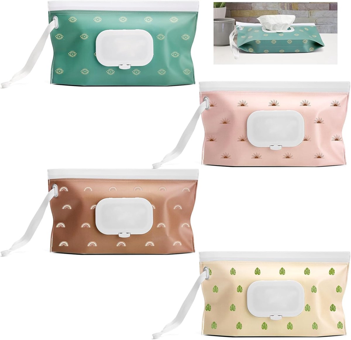 SnelShoppen - 4 Stuks Natte Doekjes Tas voor Baby's, Herbruikbare Natdoekjes Dispenser, Ideaal voor Uitstapjes, Camping, Wandelen, Draagbaar, Navulbaa