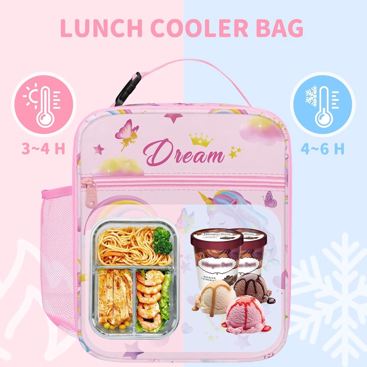 SnelShoppen - Grote Geïsoleerde Lunchtas Thermische Koeltas voor Meisjes - Eenhoorn Bloemen Design - Perfect voor Picknick, School, Camping, Tuin en D