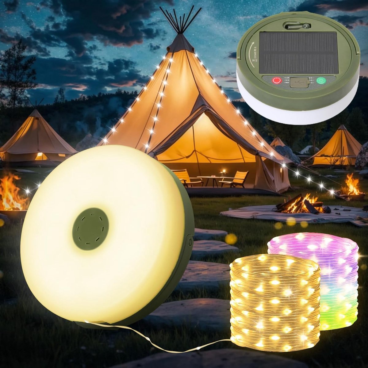 SnelShoppen - Lichtsnoer op zonne-energie 10 m, 100 LEDs, oprolbaar, warm en kleurrijk wit, 9 modi, oplaadbaar via USB, waterdicht IPX4, ideaal voor c