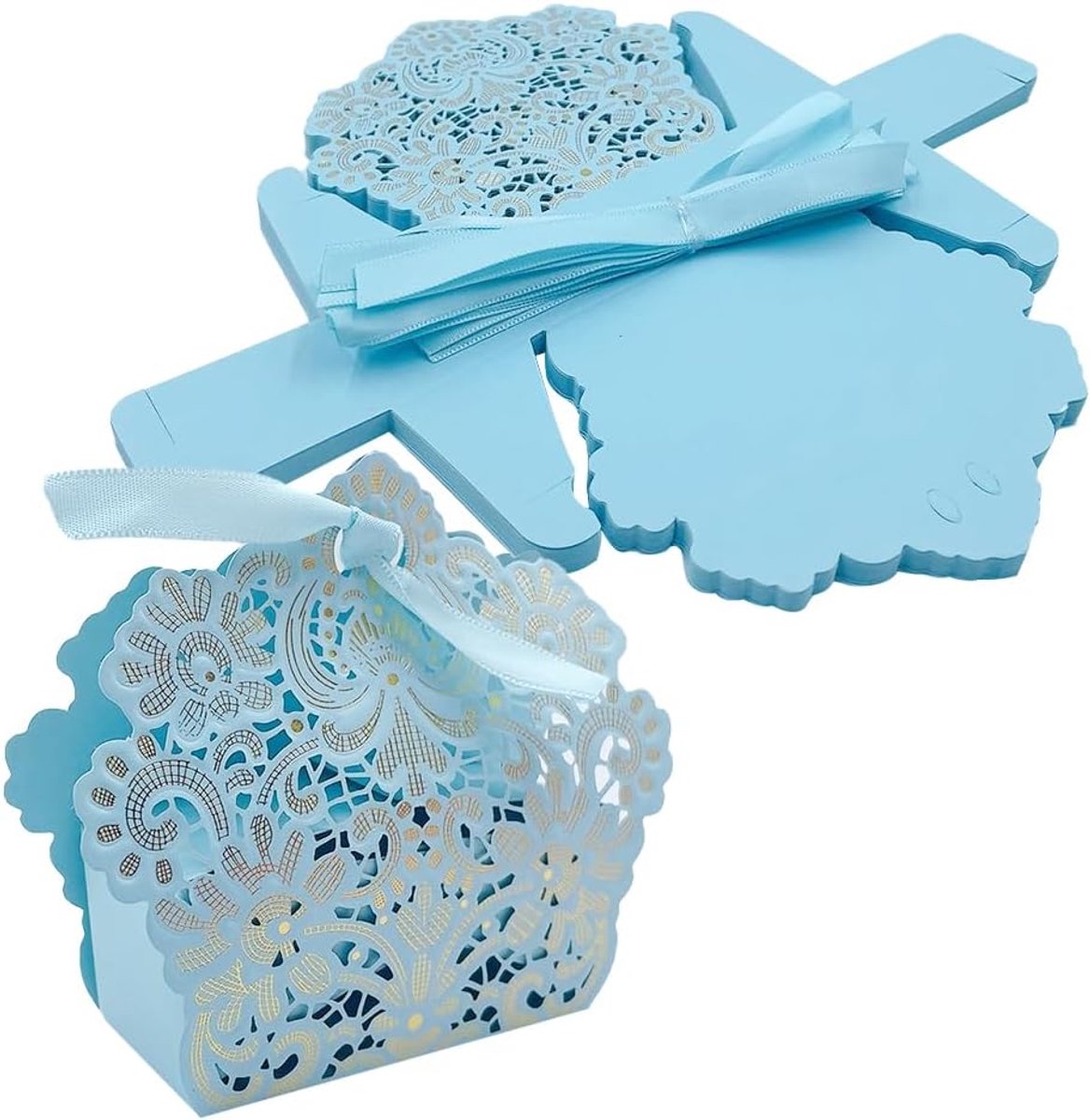SnelShoppen - 25 Stuks Holle Snoepdoos Lichtblauw 7x3,5x3,5 cm met Lint - Huwelijksgeschenkdoos voor Bruiloft, Huwelijksdouche, Doop, Communie