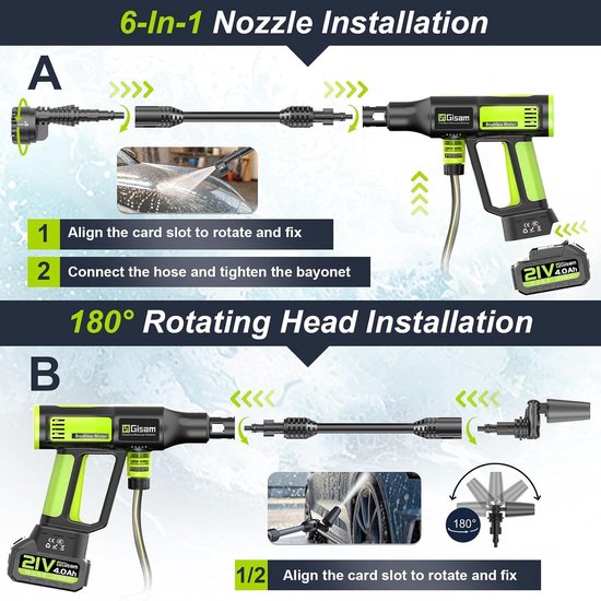 SnelShoppen - Draadloze Hogedrukreiniger 120 Bar - Highsam Pressure Washer met 2 Accu's 4,0 Ah - 6-in-1 en 180 Graden Draaimondstuk - Ideaal voor Tuin van Snelshoppen — afbeelding 5