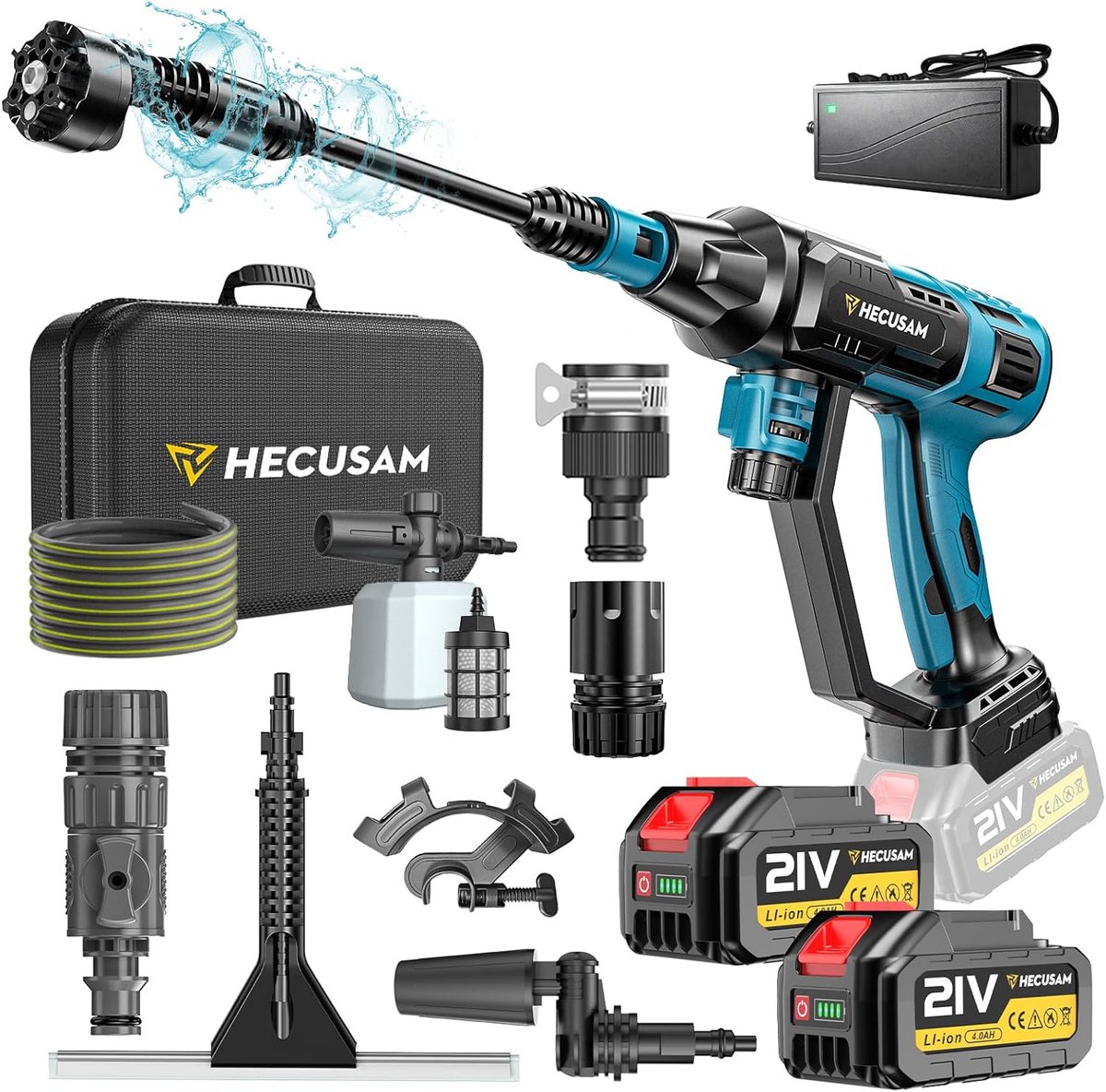 SnelShoppen - Accu Hogedrukreiniger 3000W met Borstelloze Motor, 125 Bar, 6-in-1 Draaibaar Mondstuk, Mobiel met 2x4,0 Ah Batterijen voor Tuin, Auto, C