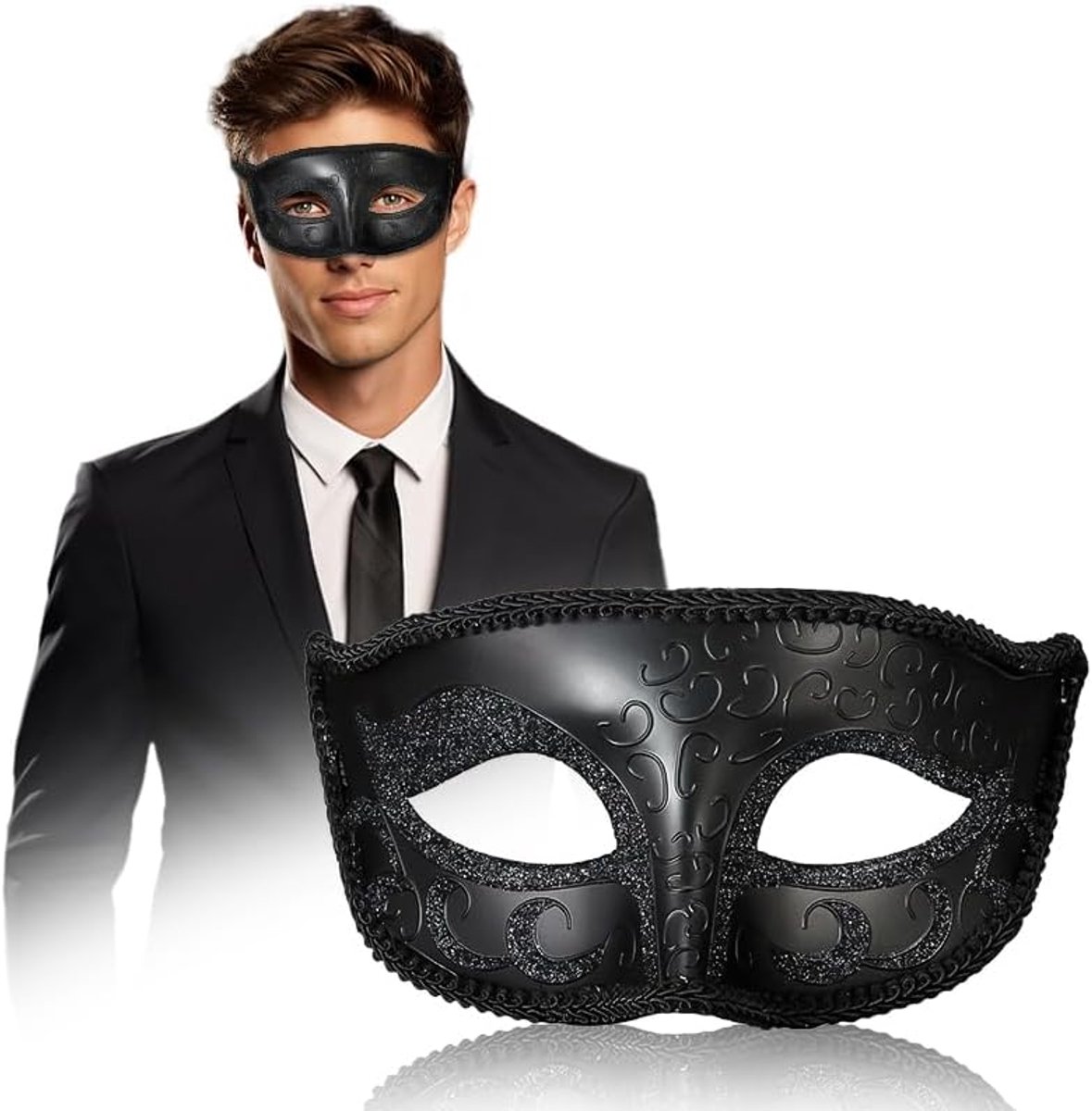 SnelShoppen - Venetiaans masker voor heren, zwart, stijlvol en verfijnd, ideaal voor maskerbal, carnaval, Halloween, feest, met glinsterende poederafw