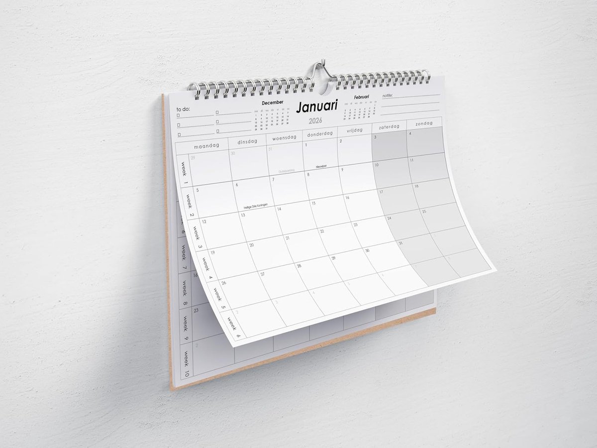 SnelShoppen - 18-Maanden Wandkalender A3+ - Spiraalgebonden - Enkelzijdig Bedrukt - Weeknummers, Notities & To-Do - Kartonnen Achterkant - 2026 - Perf