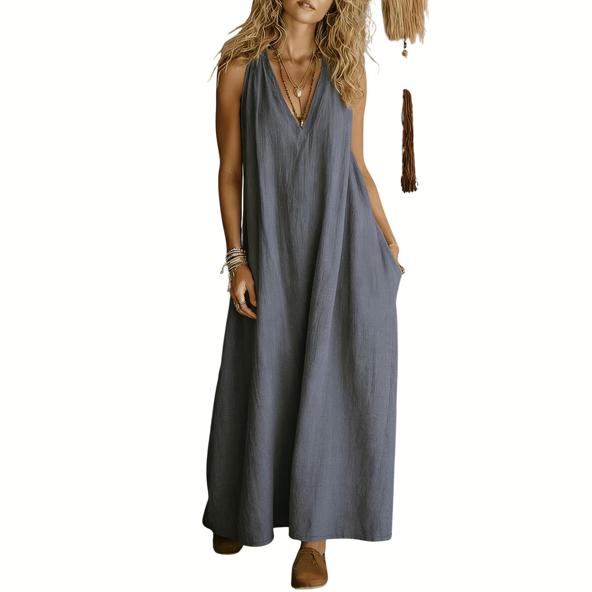 Currero Linnen Jurk Dames Blouse Zomer Shirt Jurkjes Voor Dames Ibiza Jurken Leigrijs