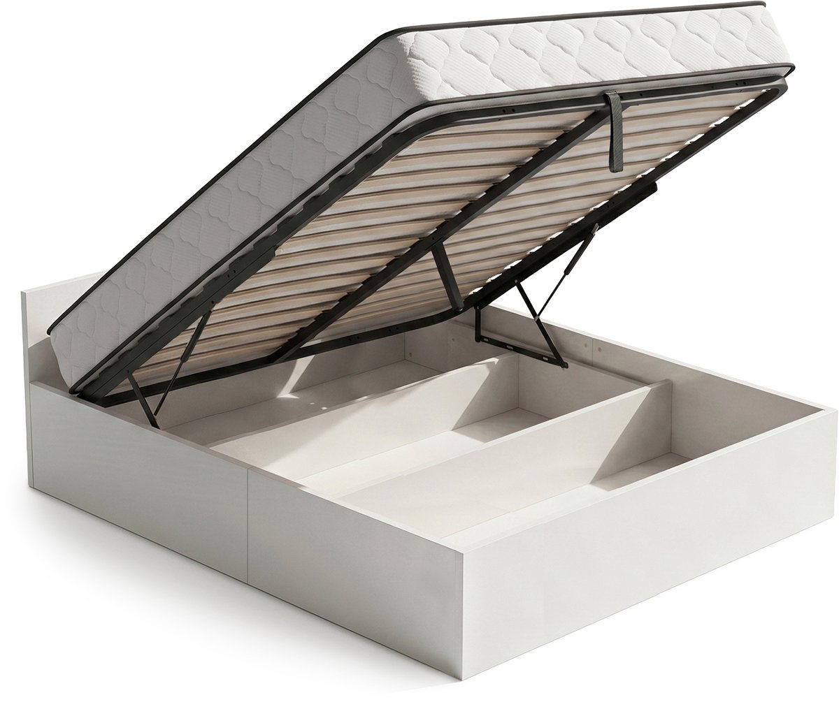 Akord Bed met Opbergruimte / 160x200 cm / Metalen Lattenbodem Opklapbaar / Binnenveringsmatras / Wit